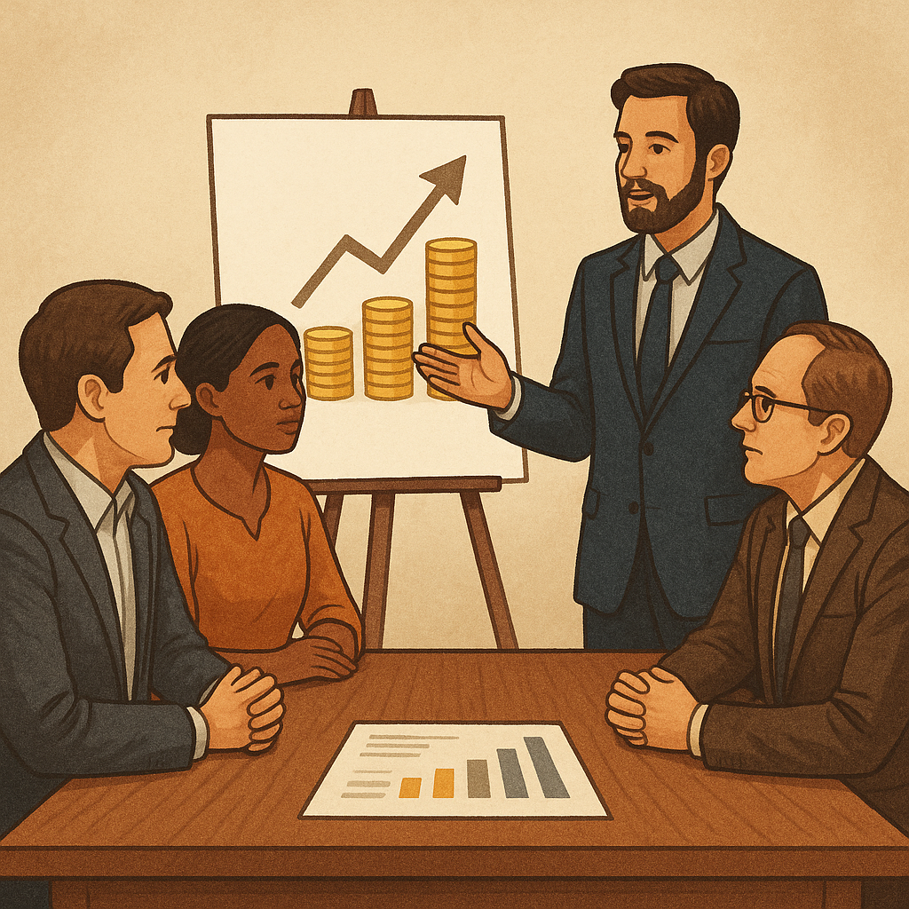 Ilustración de un mapa del mundo con rutas comerciales y gráficos económicos