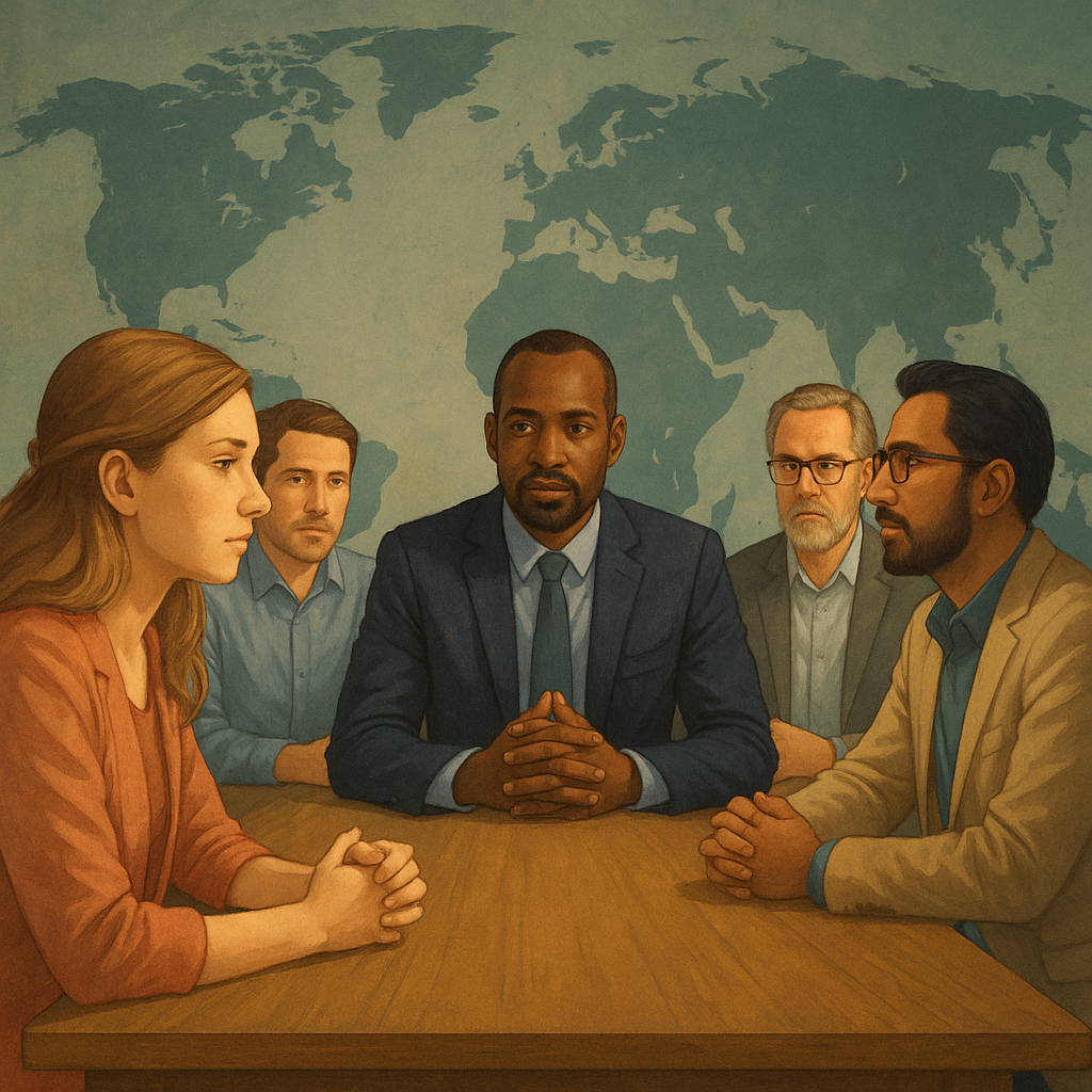 Reunión internacional con personas dialogando en una mesa redonda